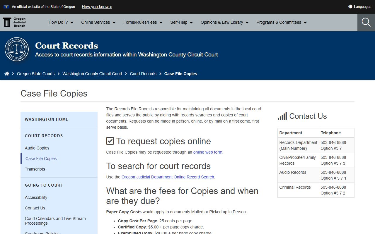Washington County Circuit Court Records Department case file copy fees