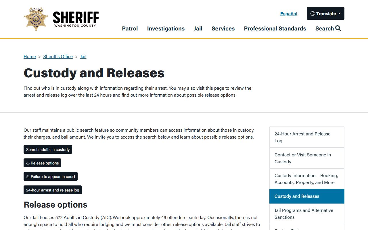 Washington County arrest records custody and releases charges