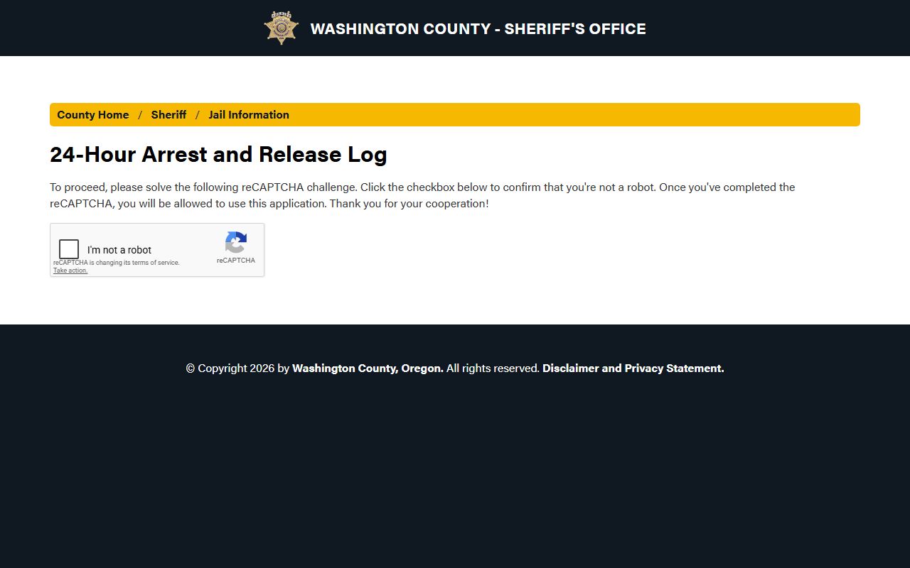 Washington County arrest records 24 hour arrest and release log