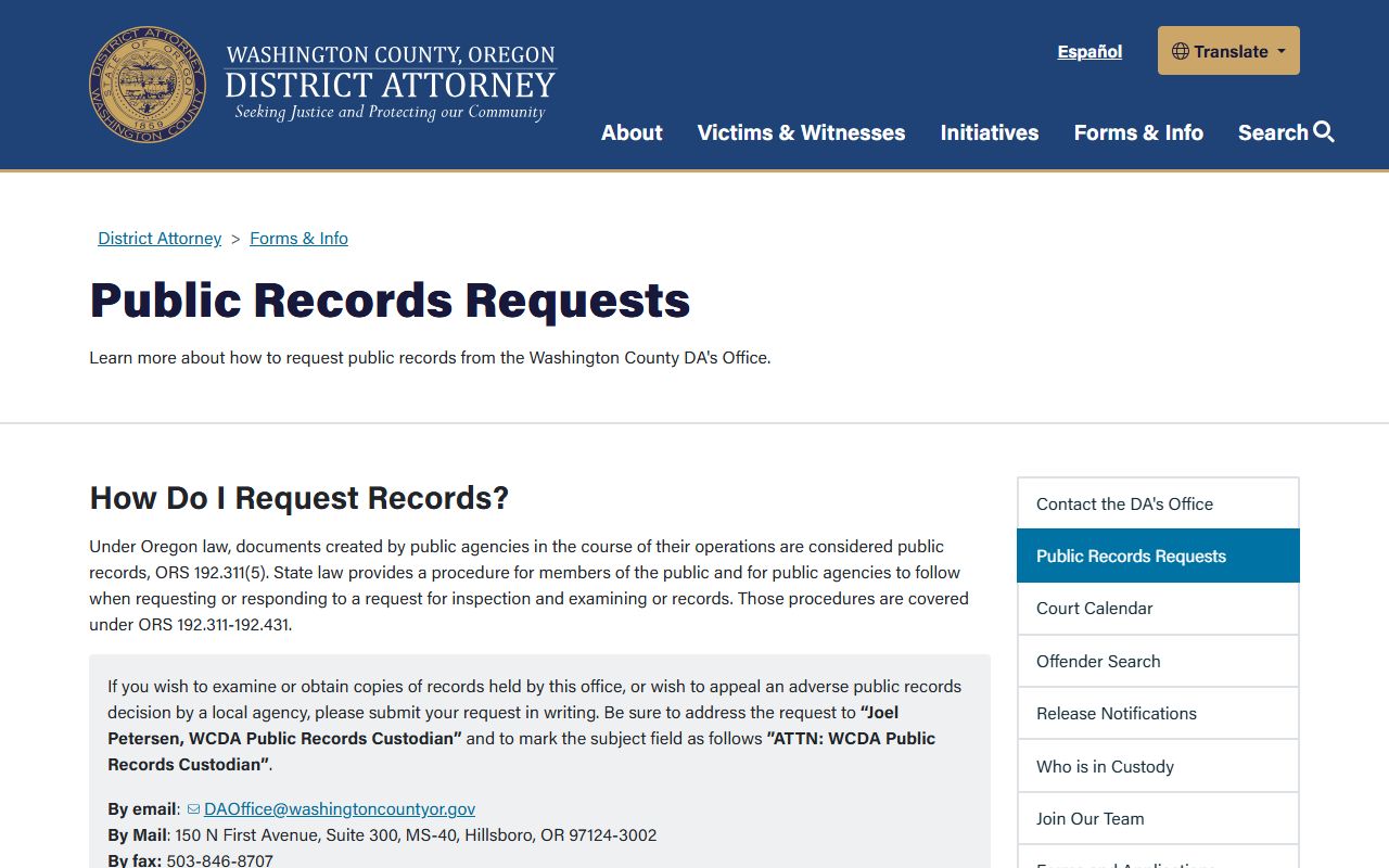 Washington County arrest records and court charges DA public records requests