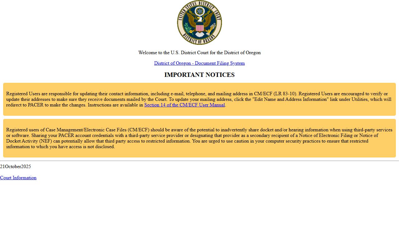 Washington County court dockets District of Oregon CM ECF access