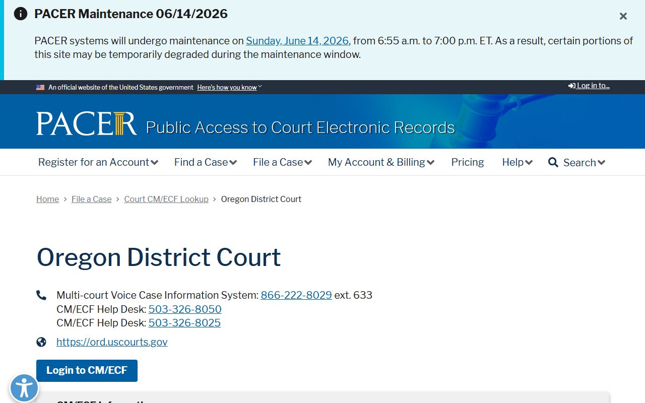 Washington County court dockets PACER Oregon District Court lookup