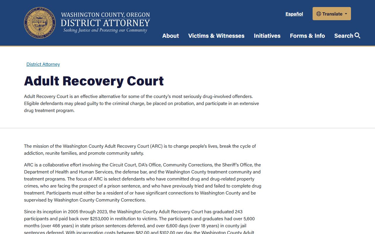 Washington County criminal court records Adult Recovery Court