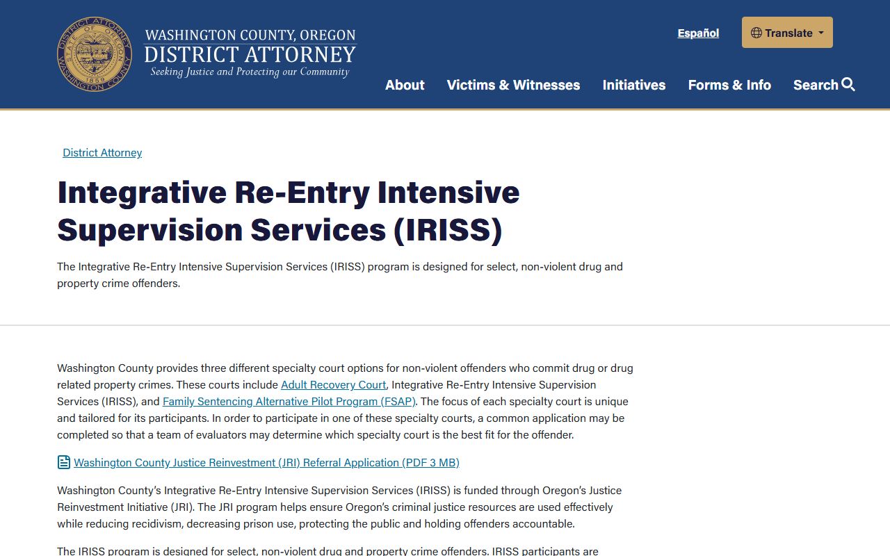 Washington County criminal court records IRISS specialty court