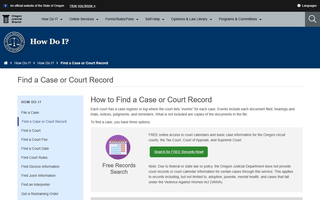 Washington County Court records find a case search options