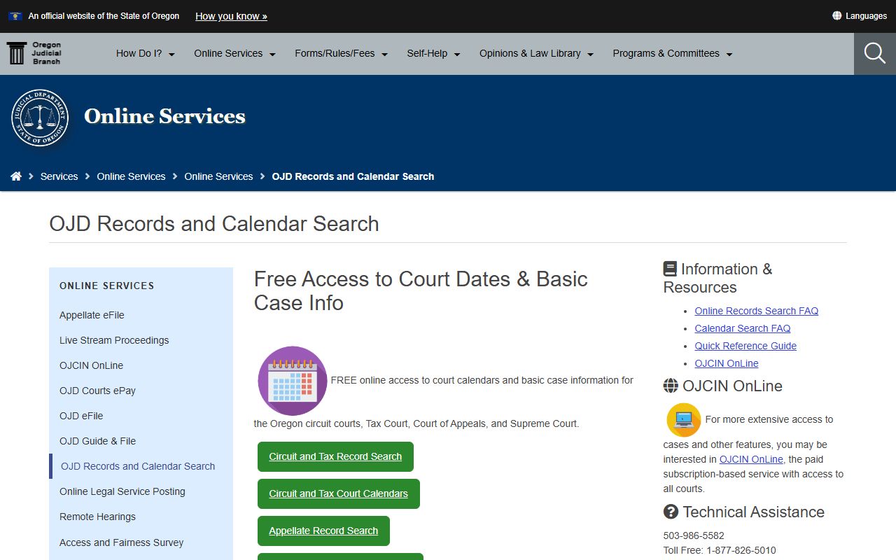 Washington County Court records and calendar search page
