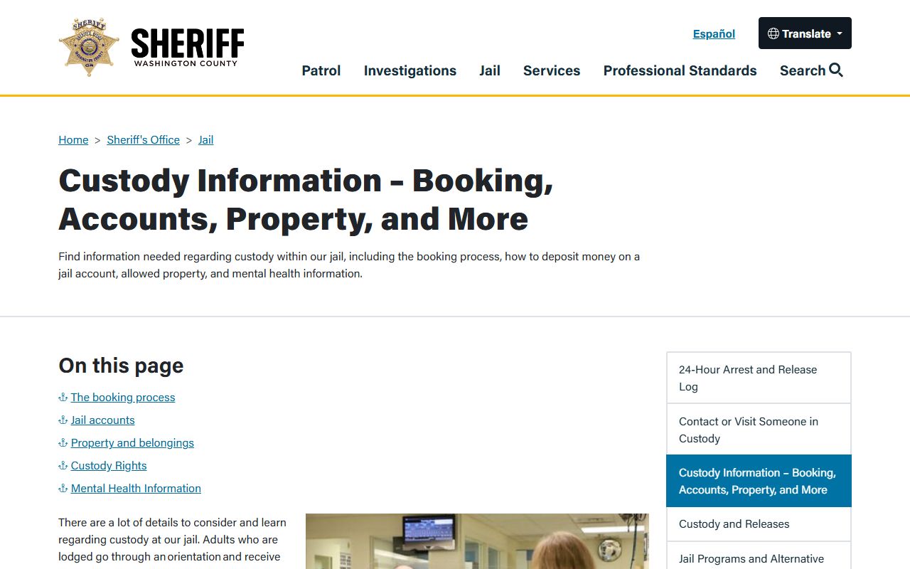 Washington County inmate records custody information and property rules