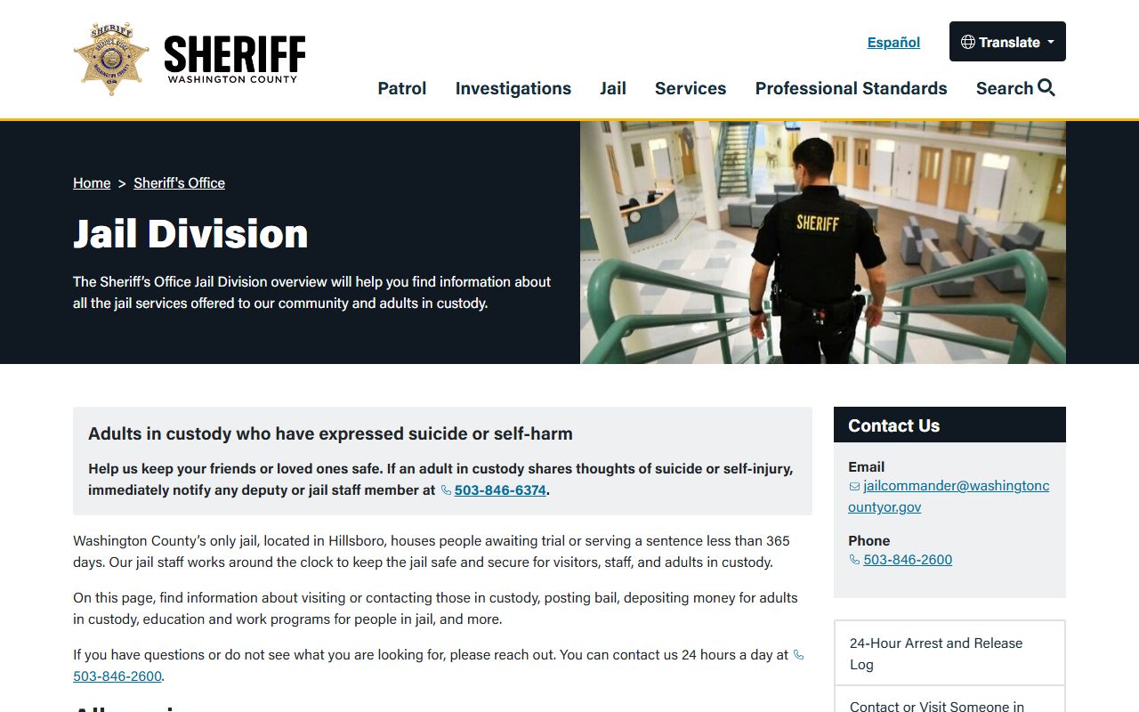 Washington County inmate records jail division overview