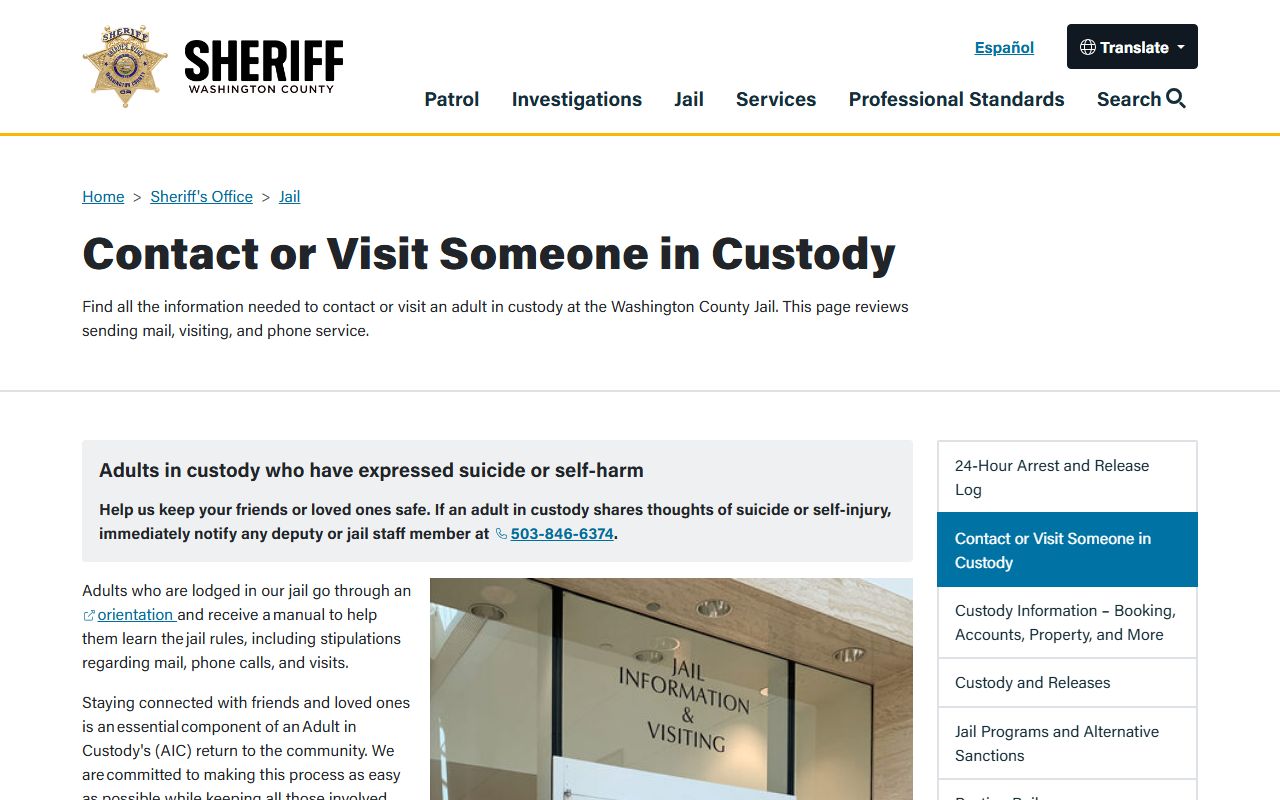 Washington County inmate records jail visits and mail page