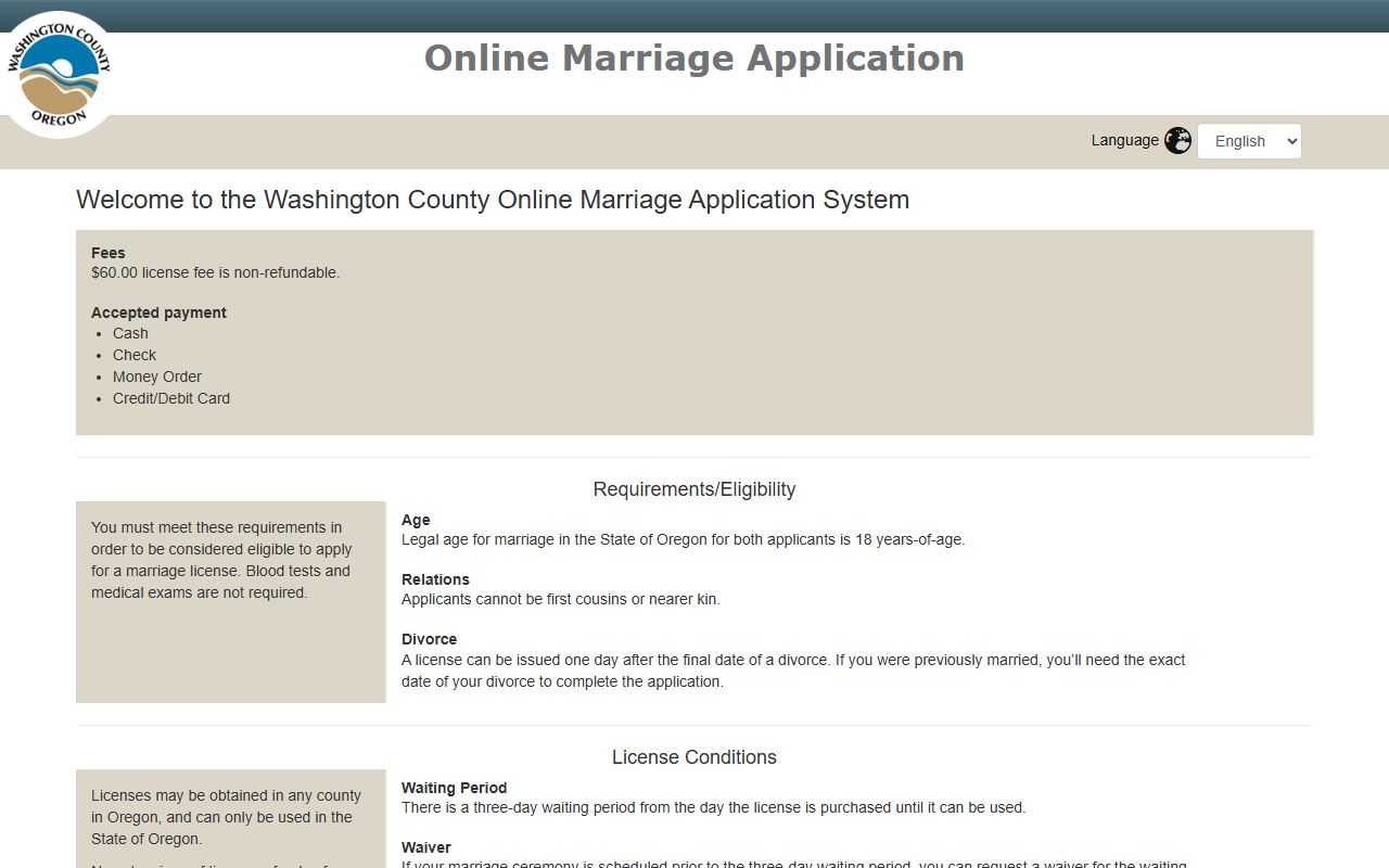 Washington County marriage records online application