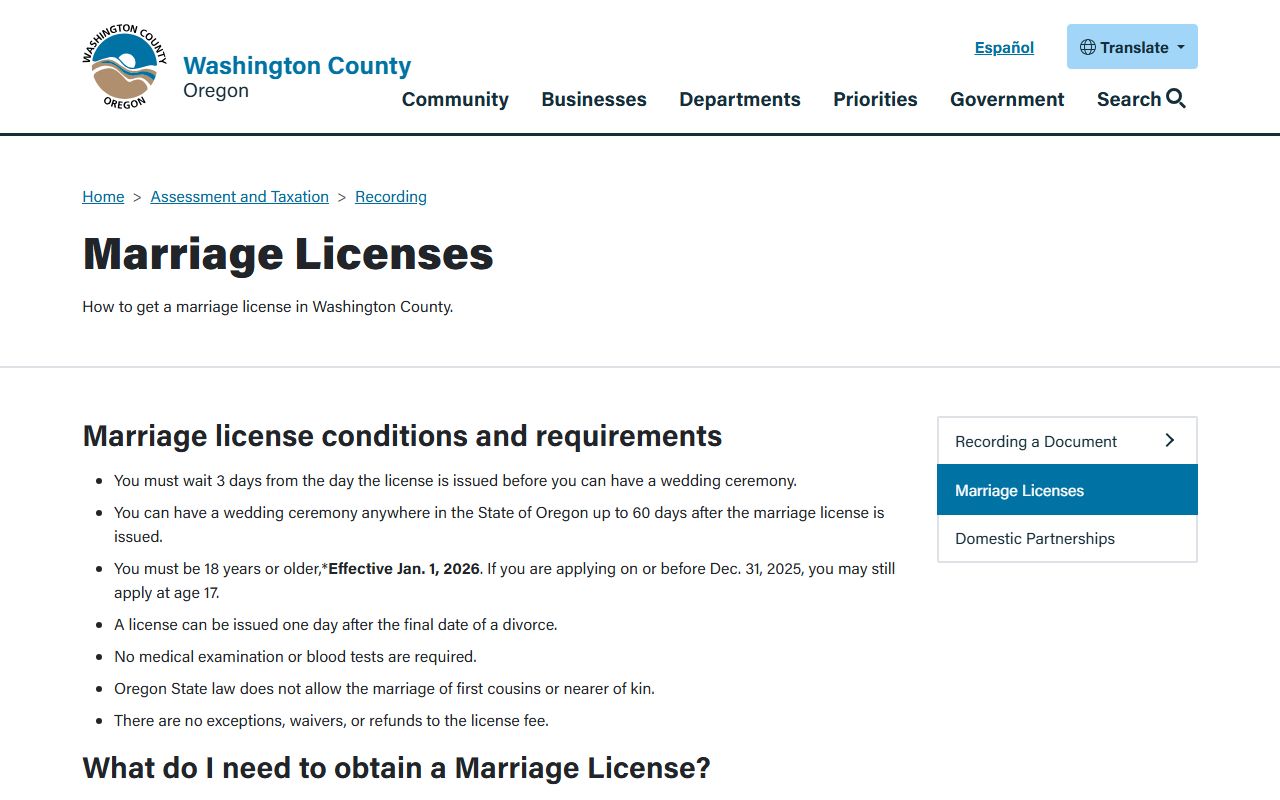 Washington County marriage records license requirements
