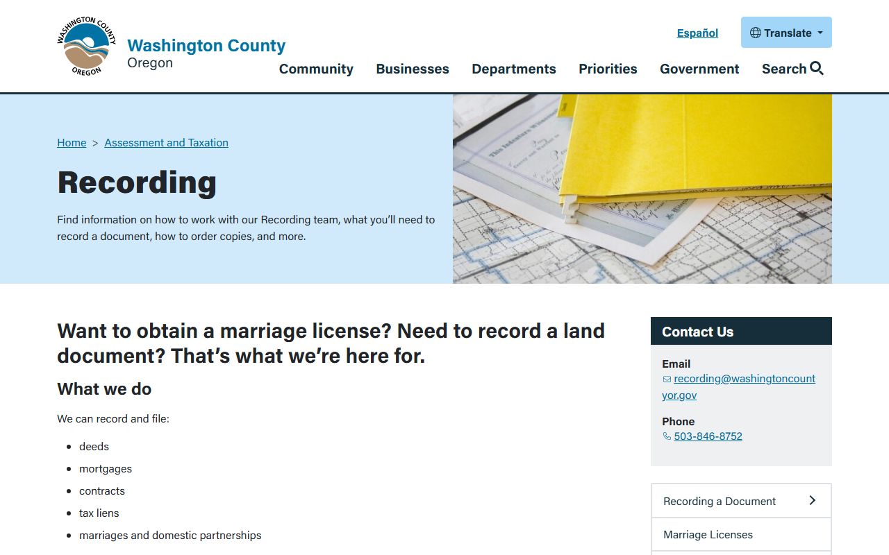 Washington County marriage records Recording Office page