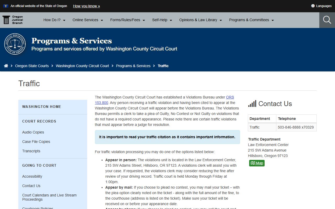Washington County traffic court records Circuit Court violations page
