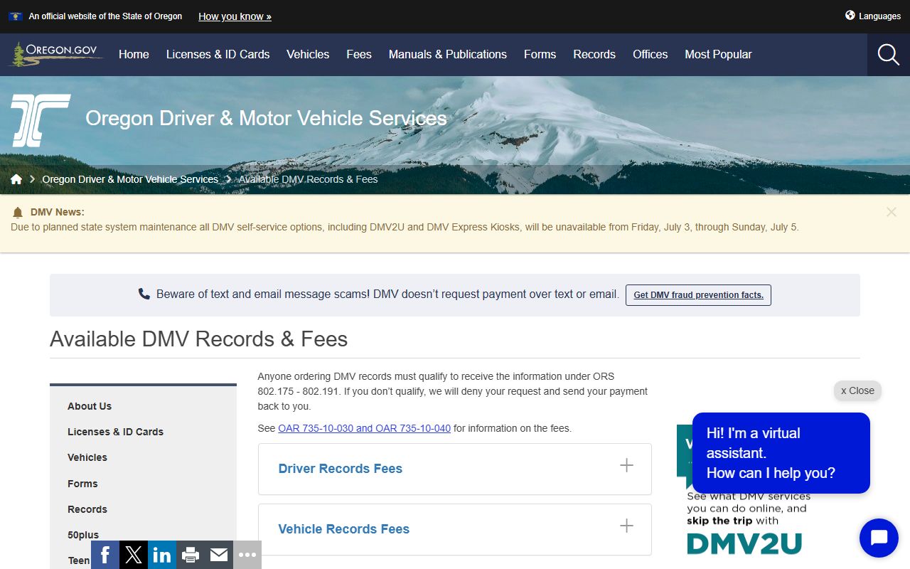 Washington County traffic court records Oregon DMV available records fees